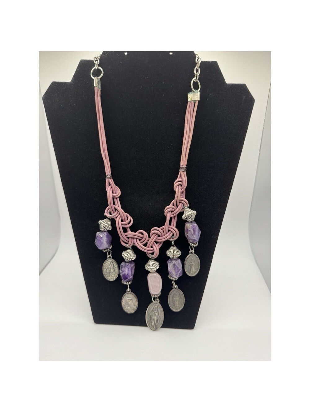 Boho Knotted Cord Bib Necklace Amethyst Rose Quartz Italian Religious Medals